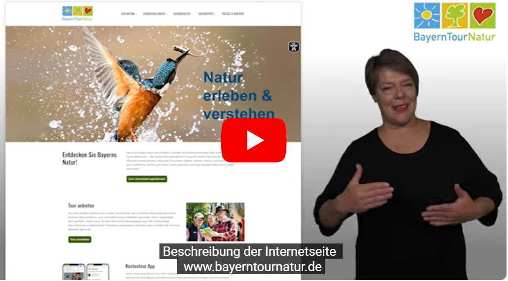 Startbildschirm vom Gebärdensprachefilm; externer Link zum YouTube-Kanal des Bayerischen Staatsministeriums für Umwelt und Verbraucherschutz
